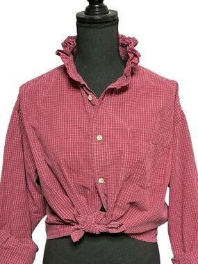 Ruffle Collar Upcycled Wrangler Shirt Red Plaid Western